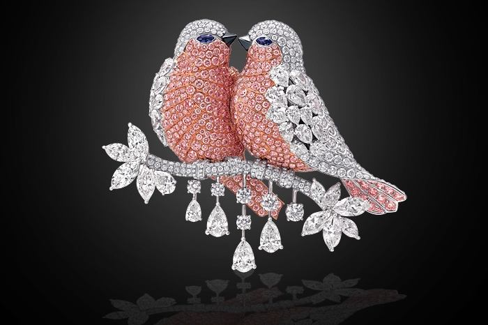 GRAFF multi-shaped pink and white diamond love birds brooch, total 46 carats Image