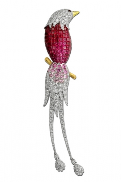 White gold ruby brooch, set with ruby, pink sapphire and diamond Image