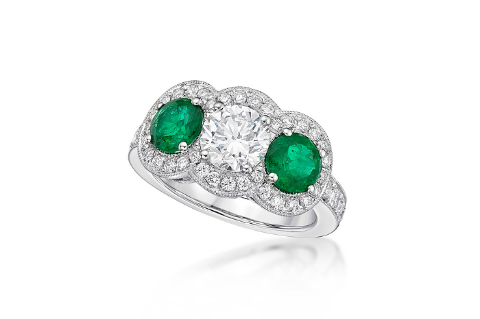 gafencu jewellery Choose the perfect engagement ring for your bride-to-be ryder three stone emerald and diamond Image