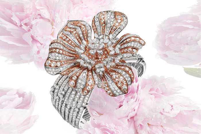 Peony diamond brooch on a diamond bangle from Belford Jewellery is a highlight at the Hong Kong International Jewellery Show