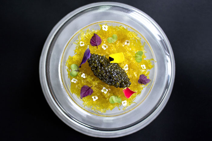 Kristal caviar, botan shrimp, sea urchin, crustacean jelly