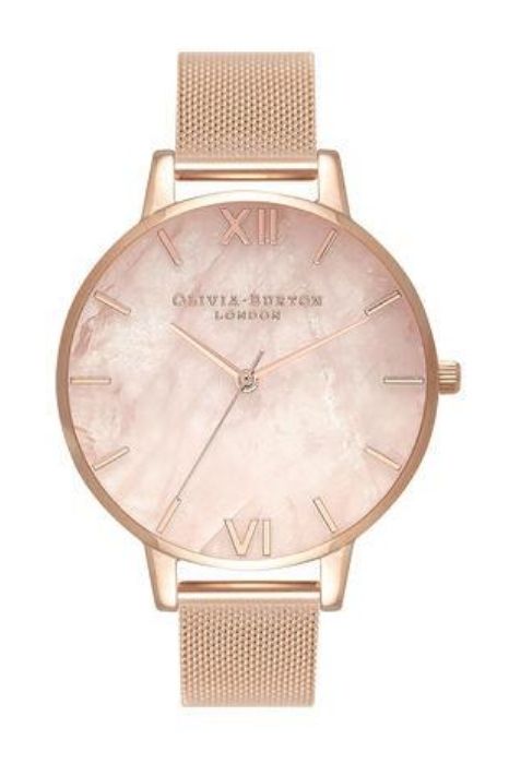 Olivia Burton’s Semi Precious Rose Gold Mesh watch with healing stones